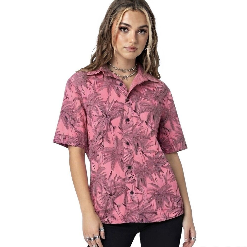H&M L.O.G.G. Womens Button down Shirt Resort Y2k Hawaiian Tropical Barbie Sz XS